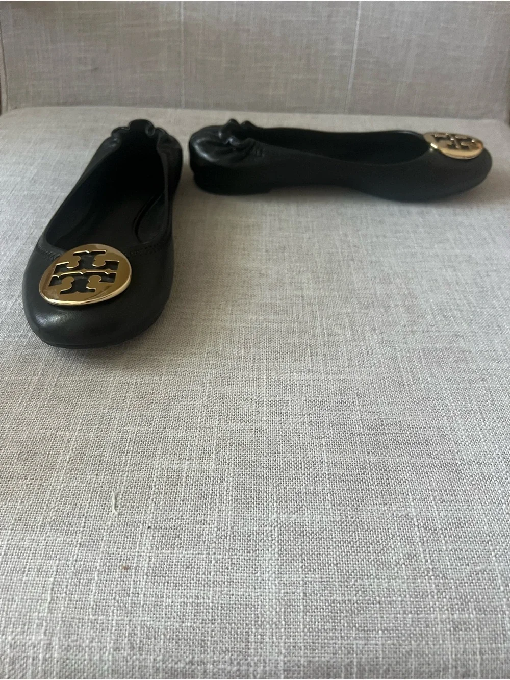 Tory Burch Black Reva Leather Ballet Flats Gold Logo, women’s size 7.5,
